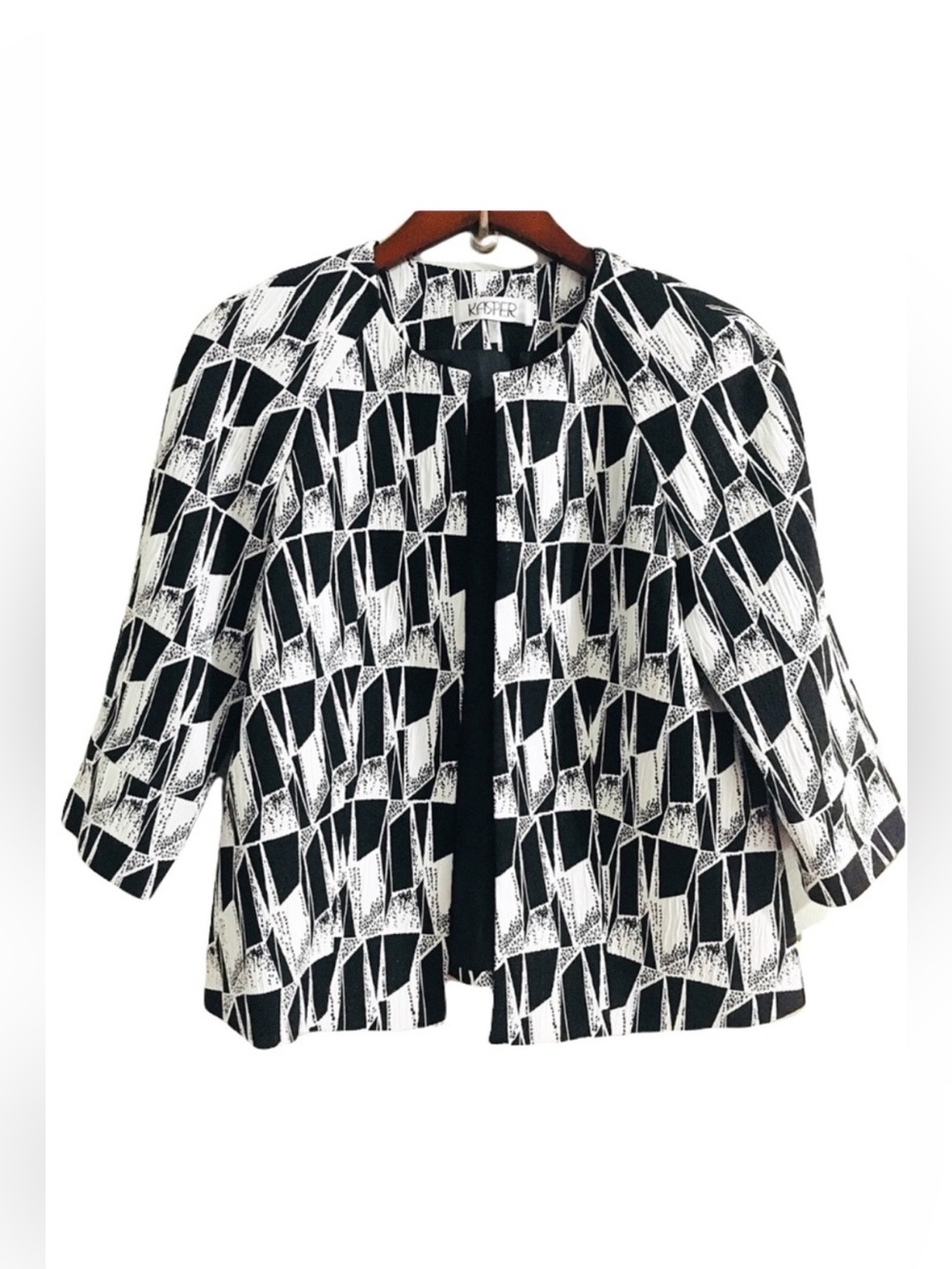 Kasper Black & White Geometric Open Front Flyaway Women's Jacket